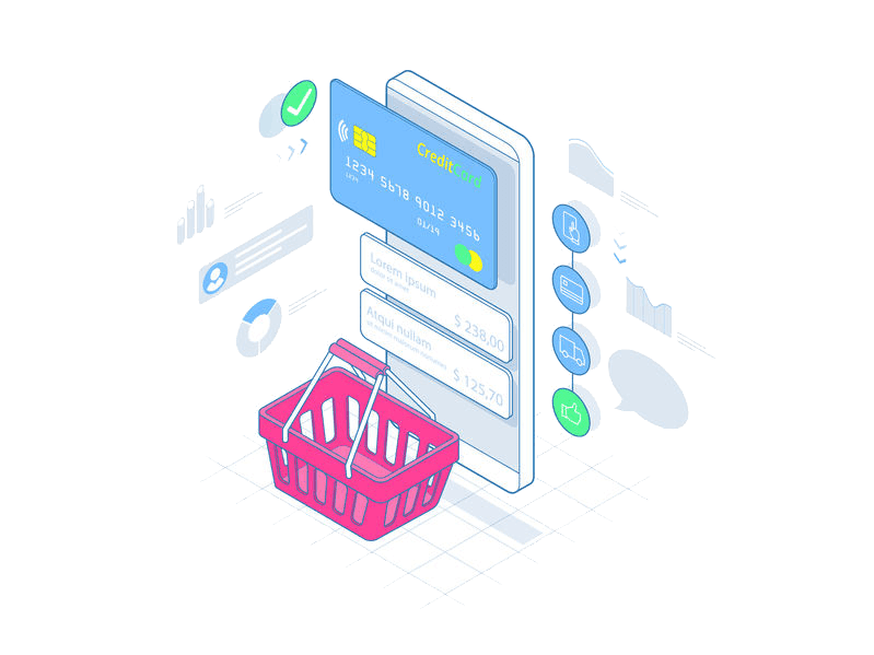 Ecommerce mobile app Isometric Smart phone online shopping on lines concept. Ecommerce. Vector illustration